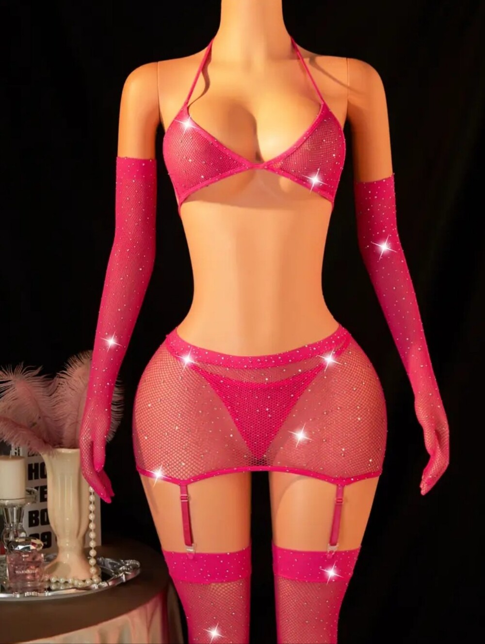 5pc Hot Pink Fishnet & Rhinestone Lingerie Set-Stockings & Gloves Included (OS)